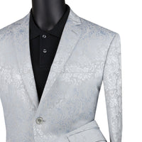 VINCI Men's Silver Gray Textured Tonal Paisley 2-Button Slim Fit Suit – NEW. Features a slim, modern silhouette with fully lined jacket in tonal paisley fabric and flat-front pants with unfinished hems for custom tailoring. A bold and refined choice for upscale events. Available at Fashion House Inc. (FH Menswear, Style #S2F-1)