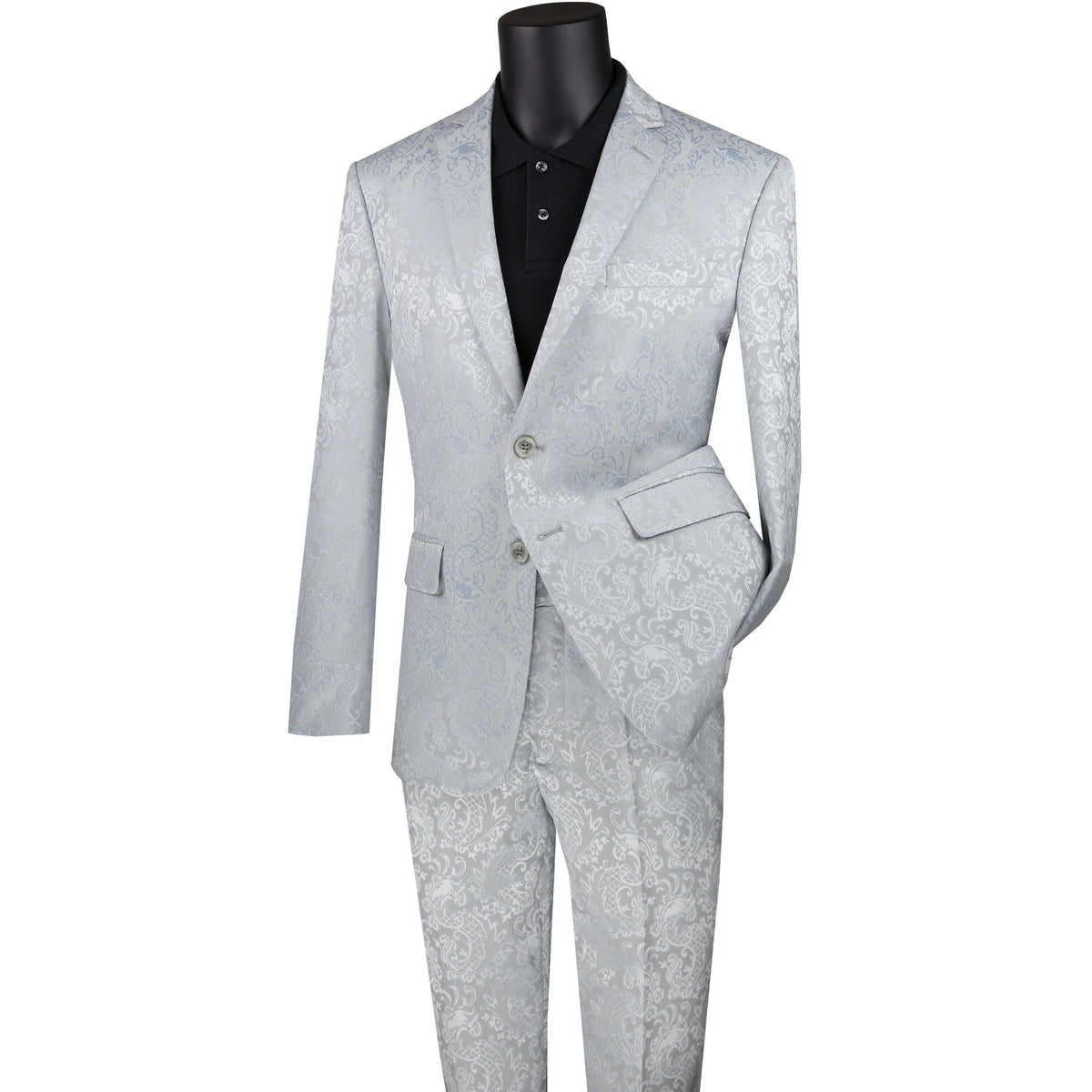 VINCI Men's Silver Gray Textured Tonal Paisley 2-Button Slim Fit Suit – NEW. Features a slim, modern silhouette with fully lined jacket in tonal paisley fabric and flat-front pants with unfinished hems for custom tailoring. A bold and refined choice for upscale events. Available at Fashion House Inc. (FH Menswear, Style #S2F-1)