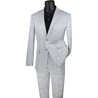 VINCI Men's Silver Gray Textured Tonal Paisley 2-Button Slim Fit Suit – NEW. Features a slim, modern silhouette with fully lined jacket in tonal paisley fabric and flat-front pants with unfinished hems for custom tailoring. A bold and refined choice for upscale events. Available at Fashion House Inc. (FH Menswear, Style #S2F-1)