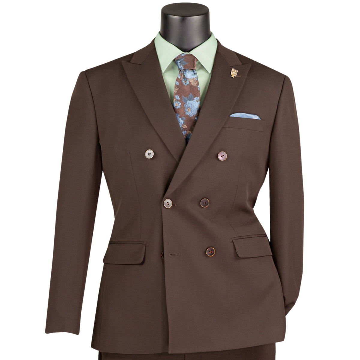 VINCI Men's Brown Stretch Slim Fit Double Breasted Suit with Flex Waistband – NEW. Features a slim modern silhouette, notch lapel, built in pocket square, fully lined jacket, and flat front pants with an elastic comfort waistband and unfinished hems for custom tailoring. A versatile men's Brown stretch suit for business, formal, office, and evening wear. Available at Fashion House Inc. (FH Menswear, Style #SDB-1)