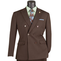 VINCI Men's Brown Stretch Slim Fit Double Breasted Suit with Flex Waistband – NEW. Features a slim modern silhouette, notch lapel, built in pocket square, fully lined jacket, and flat front pants with an elastic comfort waistband and unfinished hems for custom tailoring. A versatile men's Brown stretch suit for business, formal, office, and evening wear. Available at Fashion House Inc. (FH Menswear, Style #SDB-1)
