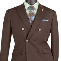 VINCI Men's Brown Stretch Slim Fit Double Breasted Suit with Flex Waistband – NEW. Features a slim modern silhouette, notch lapel, built in pocket square, fully lined jacket, and flat front pants with an elastic comfort waistband and unfinished hems for custom tailoring. A versatile men's Brown stretch suit for business, formal, office, and evening wear. Available at Fashion House Inc. (FH Menswear, Style #SDB-1)