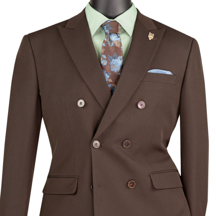 VINCI Men's Brown Stretch Slim Fit Double Breasted Suit with Flex Waistband – NEW. Features a slim modern silhouette, notch lapel, built in pocket square, fully lined jacket, and flat front pants with an elastic comfort waistband and unfinished hems for custom tailoring. A versatile men's Brown stretch suit for business, formal, office, and evening wear. Available at Fashion House Inc. (FH Menswear, Style #SDB-1)