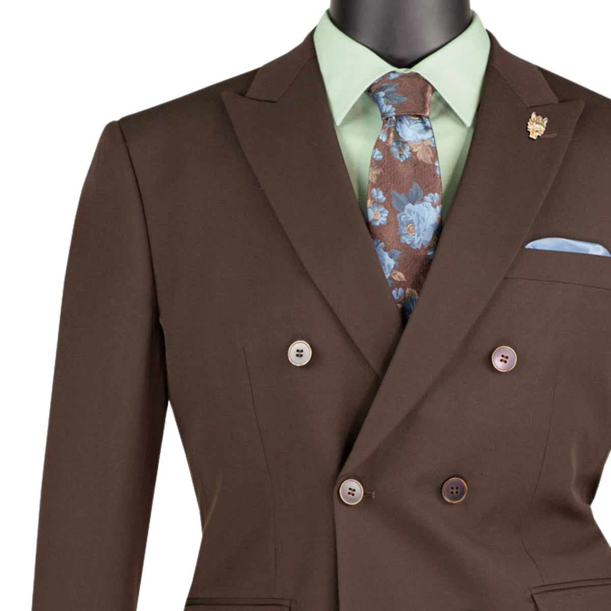 VINCI Men's Brown Stretch Slim Fit Double Breasted Suit with Flex Waistband – NEW. Features a slim modern silhouette, notch lapel, built in pocket square, fully lined jacket, and flat front pants with an elastic comfort waistband and unfinished hems for custom tailoring. A versatile men's Brown stretch suit for business, formal, office, and evening wear. Available at Fashion House Inc. (FH Menswear, Style #SDB-1)