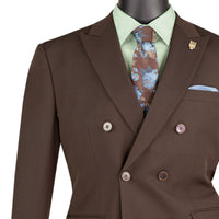 VINCI Men's Brown Stretch Slim Fit Double Breasted Suit with Flex Waistband – NEW. Features a slim modern silhouette, notch lapel, built in pocket square, fully lined jacket, and flat front pants with an elastic comfort waistband and unfinished hems for custom tailoring. A versatile men's Brown stretch suit for business, formal, office, and evening wear. Available at Fashion House Inc. (FH Menswear, Style #SDB-1)
