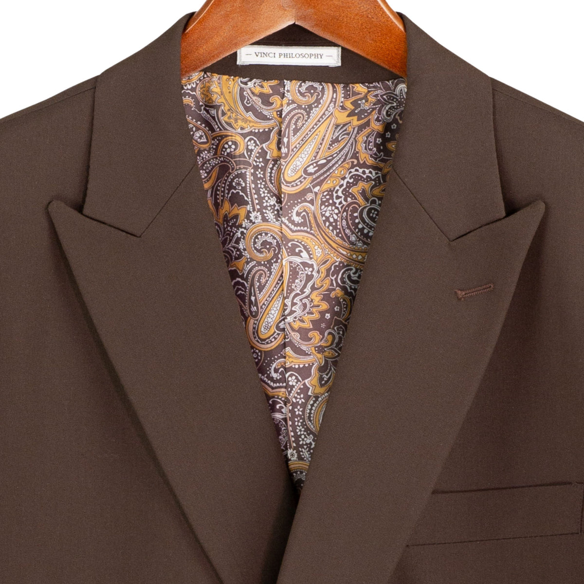 VINCI Men's Brown Stretch Slim Fit Double Breasted Suit with Flex Waistband – NEW. Features a slim modern silhouette, notch lapel, built in pocket square, fully lined jacket, and flat front pants with an elastic comfort waistband and unfinished hems for custom tailoring. A versatile men's Brown stretch suit for business, formal, office, and evening wear. Available at Fashion House Inc. (FH Menswear, Style #SDB-1)