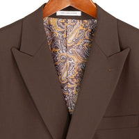 VINCI Men's Brown Stretch Slim Fit Double Breasted Suit with Flex Waistband – NEW. Features a slim modern silhouette, notch lapel, built in pocket square, fully lined jacket, and flat front pants with an elastic comfort waistband and unfinished hems for custom tailoring. A versatile men's Brown stretch suit for business, formal, office, and evening wear. Available at Fashion House Inc. (FH Menswear, Style #SDB-1)