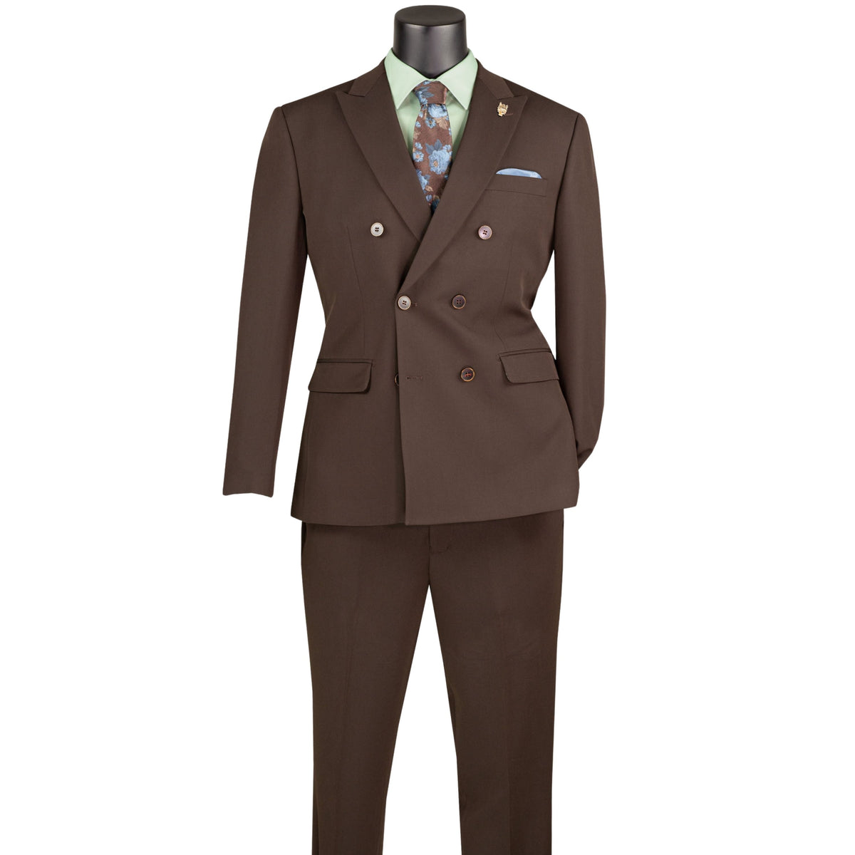 VINCI Men's Brown Stretch Slim Fit Double Breasted Suit with Flex Waistband – NEW. Features a slim modern silhouette, notch lapel, built in pocket square, fully lined jacket, and flat front pants with an elastic comfort waistband and unfinished hems for custom tailoring. A versatile men's Brown stretch suit for business, formal, office, and evening wear. Available at Fashion House Inc. (FH Menswear, Style #SDB-1)