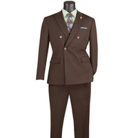 VINCI Men's Brown Stretch Slim Fit Double Breasted Suit with Flex Waistband – NEW. Features a slim modern silhouette, notch lapel, built in pocket square, fully lined jacket, and flat front pants with an elastic comfort waistband and unfinished hems for custom tailoring. A versatile men's Brown stretch suit for business, formal, office, and evening wear. Available at Fashion House Inc. (FH Menswear, Style #SDB-1)