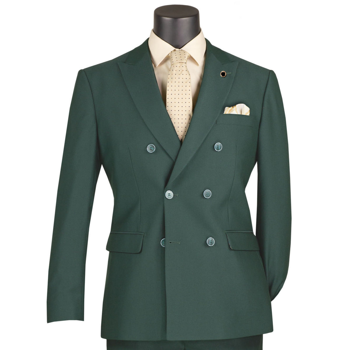 VINCI Men's Hunter Green Stretch Slim-Fit Double-Breasted Suit with Flex Waistband - NEW. Features a modern slim silhouette with a notch lapel jacket and built-in pocket square, and flat-front pants with an elastic comfort waistband for the perfect fit. Ideal for professional settings and social occasions, offering stylish flexibility and durability. Available at Fashion House Inc. (FH Menswear)