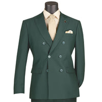 VINCI Men's Hunter Green Stretch Slim-Fit Double-Breasted Suit with Flex Waistband - NEW. Features a modern slim silhouette with a notch lapel jacket and built-in pocket square, and flat-front pants with an elastic comfort waistband for the perfect fit. Ideal for professional settings and social occasions, offering stylish flexibility and durability. Available at Fashion House Inc. (FH Menswear)