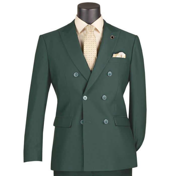 VINCI Men's Hunter Green Stretch Slim-Fit Double-Breasted Suit with Flex Waistband - NEW. Features a modern slim silhouette with a notch lapel jacket and built-in pocket square, and flat-front pants with an elastic comfort waistband for the perfect fit. Ideal for professional settings and social occasions, offering stylish flexibility and durability. Available at Fashion House Inc. (FH Menswear)