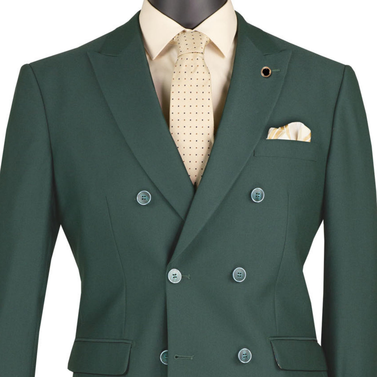 VINCI Men's Hunter Green Stretch Slim-Fit Double-Breasted Suit with Flex Waistband - NEW. Features a modern slim silhouette with a notch lapel jacket and built-in pocket square, and flat-front pants with an elastic comfort waistband for the perfect fit. Ideal for professional settings and social occasions, offering stylish flexibility and durability. Available at Fashion House Inc. (FH Menswear)