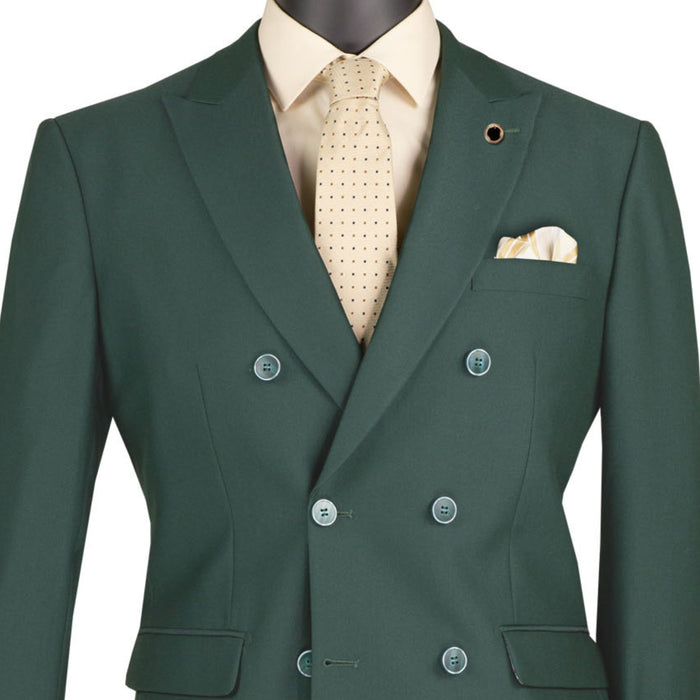 VINCI Men's Hunter Green Stretch Slim-Fit Double-Breasted Suit with Flex Waistband - NEW. Features a modern slim silhouette with a notch lapel jacket and built-in pocket square, and flat-front pants with an elastic comfort waistband for the perfect fit. Ideal for professional settings and social occasions, offering stylish flexibility and durability. Available at Fashion House Inc. (FH Menswear)