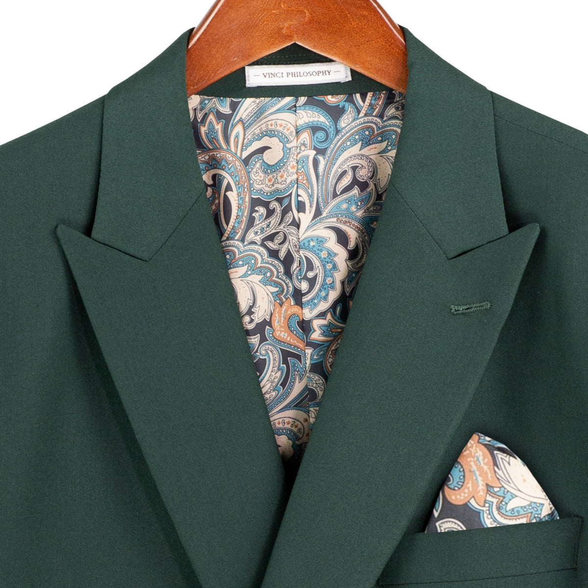 VINCI Men's Hunter Green Stretch Slim-Fit Double-Breasted Suit with Flex Waistband - NEW. Features a modern slim silhouette with a notch lapel jacket and built-in pocket square, and flat-front pants with an elastic comfort waistband for the perfect fit. Ideal for professional settings and social occasions, offering stylish flexibility and durability. Available at Fashion House Inc. (FH Menswear)