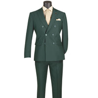 VINCI Men's Hunter Green Stretch Slim-Fit Double-Breasted Suit with Flex Waistband - NEW. Features a modern slim silhouette with a notch lapel jacket and built-in pocket square, and flat-front pants with an elastic comfort waistband for the perfect fit. Ideal for professional settings and social occasions, offering stylish flexibility and durability. Available at Fashion House Inc. (FH Menswear)