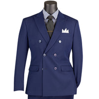 VINCI Men's Navy Blue Stretch Slim Fit Double Breasted Suit with Flex Waistband – NEW. Features a slim modern silhouette, notch lapel, built in pocket square, fully lined jacket, and flat front pants with an elastic comfort waistband and unfinished hems for custom tailoring. A versatile men's Navy Blue stretch suit for business, formal, office, and evening wear. Available at Fashion House Inc. (FH Menswear, Style #SDB-1)