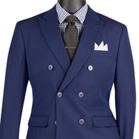 VINCI Men's Navy Blue Stretch Slim Fit Double Breasted Suit with Flex Waistband – NEW. Features a slim modern silhouette, notch lapel, built in pocket square, fully lined jacket, and flat front pants with an elastic comfort waistband and unfinished hems for custom tailoring. A versatile men's Navy Blue stretch suit for business, formal, office, and evening wear. Available at Fashion House Inc. (FH Menswear, Style #SDB-1)