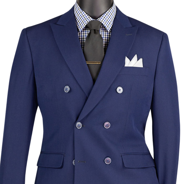 VINCI Men's Navy Blue Stretch Slim Fit Double Breasted Suit with Flex Waistband – NEW. Features a slim modern silhouette, notch lapel, built in pocket square, fully lined jacket, and flat front pants with an elastic comfort waistband and unfinished hems for custom tailoring. A versatile men's Navy Blue stretch suit for business, formal, office, and evening wear. Available at Fashion House Inc. (FH Menswear, Style #SDB-1)