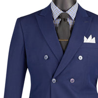 VINCI Men's Navy Blue Stretch Slim Fit Double Breasted Suit with Flex Waistband – NEW. Features a slim modern silhouette, notch lapel, built in pocket square, fully lined jacket, and flat front pants with an elastic comfort waistband and unfinished hems for custom tailoring. A versatile men's Navy Blue stretch suit for business, formal, office, and evening wear. Available at Fashion House Inc. (FH Menswear, Style #SDB-1)