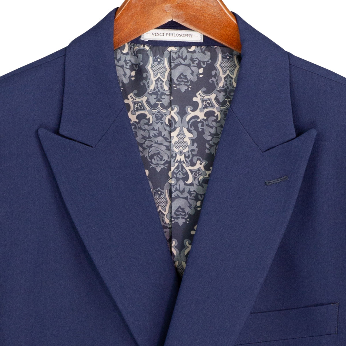 VINCI Men's Navy Blue Stretch Slim Fit Double Breasted Suit with Flex Waistband – NEW. Features a slim modern silhouette, notch lapel, built in pocket square, fully lined jacket, and flat front pants with an elastic comfort waistband and unfinished hems for custom tailoring. A versatile men's Navy Blue stretch suit for business, formal, office, and evening wear. Available at Fashion House Inc. (FH Menswear, Style #SDB-1)
