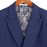 VINCI Men's Navy Blue Stretch Slim Fit Double Breasted Suit with Flex Waistband – NEW. Features a slim modern silhouette, notch lapel, built in pocket square, fully lined jacket, and flat front pants with an elastic comfort waistband and unfinished hems for custom tailoring. A versatile men's Navy Blue stretch suit for business, formal, office, and evening wear. Available at Fashion House Inc. (FH Menswear, Style #SDB-1)