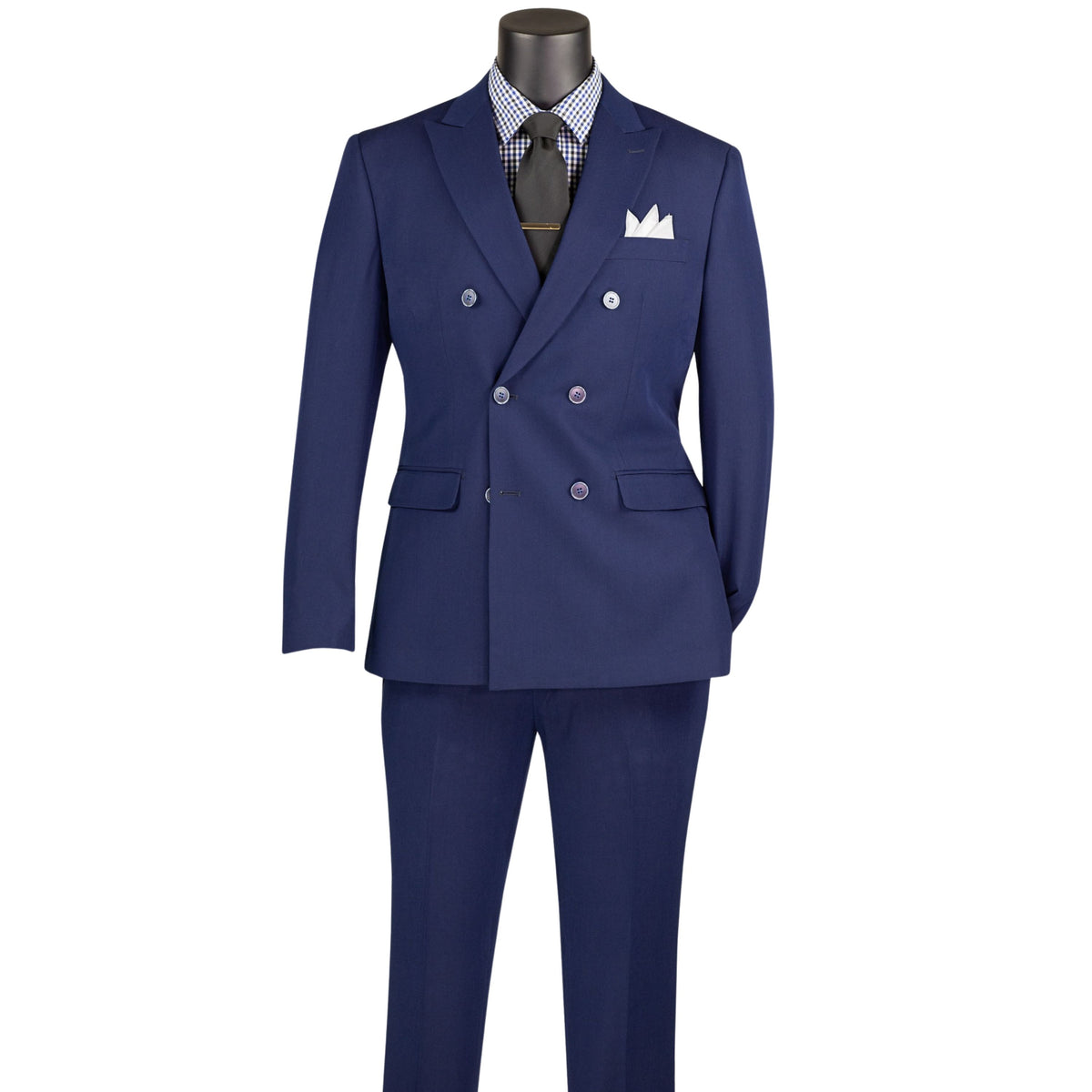 VINCI Men's Navy Blue Stretch Slim Fit Double Breasted Suit with Flex Waistband – NEW. Features a slim modern silhouette, notch lapel, built in pocket square, fully lined jacket, and flat front pants with an elastic comfort waistband and unfinished hems for custom tailoring. A versatile men's Navy Blue stretch suit for business, formal, office, and evening wear. Available at Fashion House Inc. (FH Menswear, Style #SDB-1)