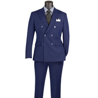 VINCI Men's Navy Blue Stretch Slim Fit Double Breasted Suit with Flex Waistband – NEW. Features a slim modern silhouette, notch lapel, built in pocket square, fully lined jacket, and flat front pants with an elastic comfort waistband and unfinished hems for custom tailoring. A versatile men's Navy Blue stretch suit for business, formal, office, and evening wear. Available at Fashion House Inc. (FH Menswear, Style #SDB-1)