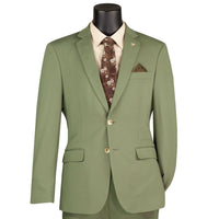 VINCI Men's Light Olive Green Slim Fit 2 Piece Knit Super Stretch Suit with Flexible Waistband - NEW. Features a slim silhouette, elegantly lined jacket with notch lapel, and flat front pants with an elastic comfort waistband for optimal fit. Perfect for office or social occasions, blending practicality with enduring style. Available at Fashion House Inc. (FH Menswear, Style #SDX-3, SO1SDX-3-LIGHTOLIVE, Slim Fit 2 Piece Suit Stretch Fabric Suit with Adjustable Waistband in Light Olive)