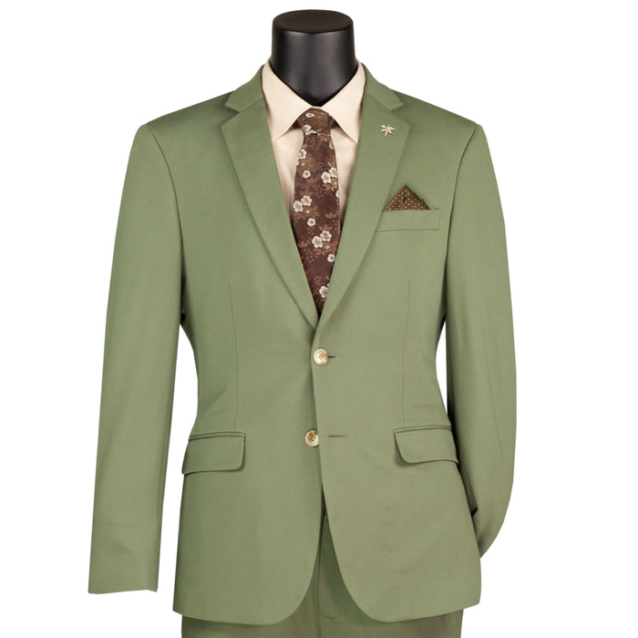 VINCI Men's Light Olive Green Slim Fit 2 Piece Knit Super Stretch Suit with Flexible Waistband - NEW. Features a slim silhouette, elegantly lined jacket with notch lapel, and flat front pants with an elastic comfort waistband for optimal fit. Perfect for office or social occasions, blending practicality with enduring style. Available at Fashion House Inc. (FH Menswear, Style #SDX-3, SO1SDX-3-LIGHTOLIVE, Slim Fit 2 Piece Suit Stretch Fabric Suit with Adjustable Waistband in Light Olive)