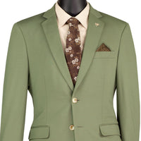 VINCI Men's Light Olive Green Slim Fit 2 Piece Knit Super Stretch Suit with Flexible Waistband - NEW. Features a slim silhouette, elegantly lined jacket with notch lapel, and flat front pants with an elastic comfort waistband for optimal fit. Perfect for office or social occasions, blending practicality with enduring style. Available at Fashion House Inc. (FH Menswear, Style #SDX-3, SO1SDX-3-LIGHTOLIVE, Slim Fit 2 Piece Suit Stretch Fabric Suit with Adjustable Waistband in Light Olive)