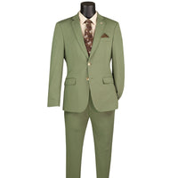 VINCI Men's Light Olive Green Slim Fit 2 Piece Knit Super Stretch Suit with Flexible Waistband - NEW. Features a slim silhouette, elegantly lined jacket with notch lapel, and flat front pants with an elastic comfort waistband for optimal fit. Perfect for office or social occasions, blending practicality with enduring style. Available at Fashion House Inc. (FH Menswear, Style #SDX-3, SO1SDX-3-LIGHTOLIVE, Slim Fit 2 Piece Suit Stretch Fabric Suit with Adjustable Waistband in Light Olive)
