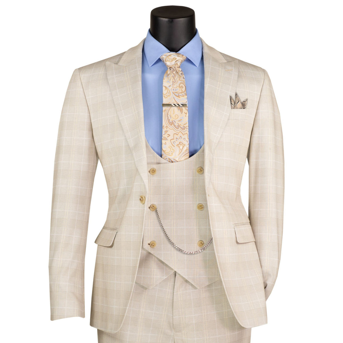 VINCI Men's Birch Plaid Stretch 3 Piece Slim Fit 1 Button Suit – NEW. Features a bold peak lapel jacket with one-button closure, low cut vest, and flat-front pants with unfinished hems for custom tailoring. A modern, stylish choice for office or evening wear. Available at Fashion House Inc. (FH Menswear, Style #SV1W-1)