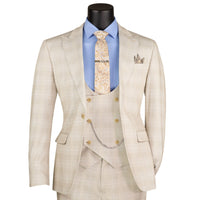 VINCI Men's Birch Plaid Stretch 3 Piece Slim Fit 1 Button Suit – NEW. Features a bold peak lapel jacket with one-button closure, low cut vest, and flat-front pants with unfinished hems for custom tailoring. A modern, stylish choice for office or evening wear. Available at Fashion House Inc. (FH Menswear, Style #SV1W-1)