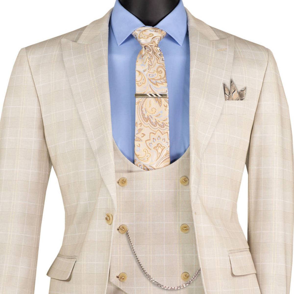 VINCI Men's Birch Plaid Stretch 3 Piece Slim Fit 1 Button Suit – NEW. Features a bold peak lapel jacket with one-button closure, low cut vest, and flat-front pants with unfinished hems for custom tailoring. A modern, stylish choice for office or evening wear. Available at Fashion House Inc. (FH Menswear, Style #SV1W-1)