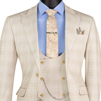 VINCI Men's Birch Plaid Stretch 3 Piece Slim Fit 1 Button Suit – NEW. Features a bold peak lapel jacket with one-button closure, low cut vest, and flat-front pants with unfinished hems for custom tailoring. A modern, stylish choice for office or evening wear. Available at Fashion House Inc. (FH Menswear, Style #SV1W-1)
