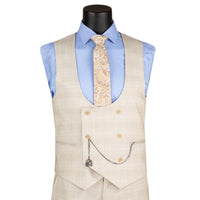 VINCI Men's Birch Plaid Stretch 3 Piece Slim Fit 1 Button Suit – NEW. Features a bold peak lapel jacket with one-button closure, low cut vest, and flat-front pants with unfinished hems for custom tailoring. A modern, stylish choice for office or evening wear. Available at Fashion House Inc. (FH Menswear, Style #SV1W-1)