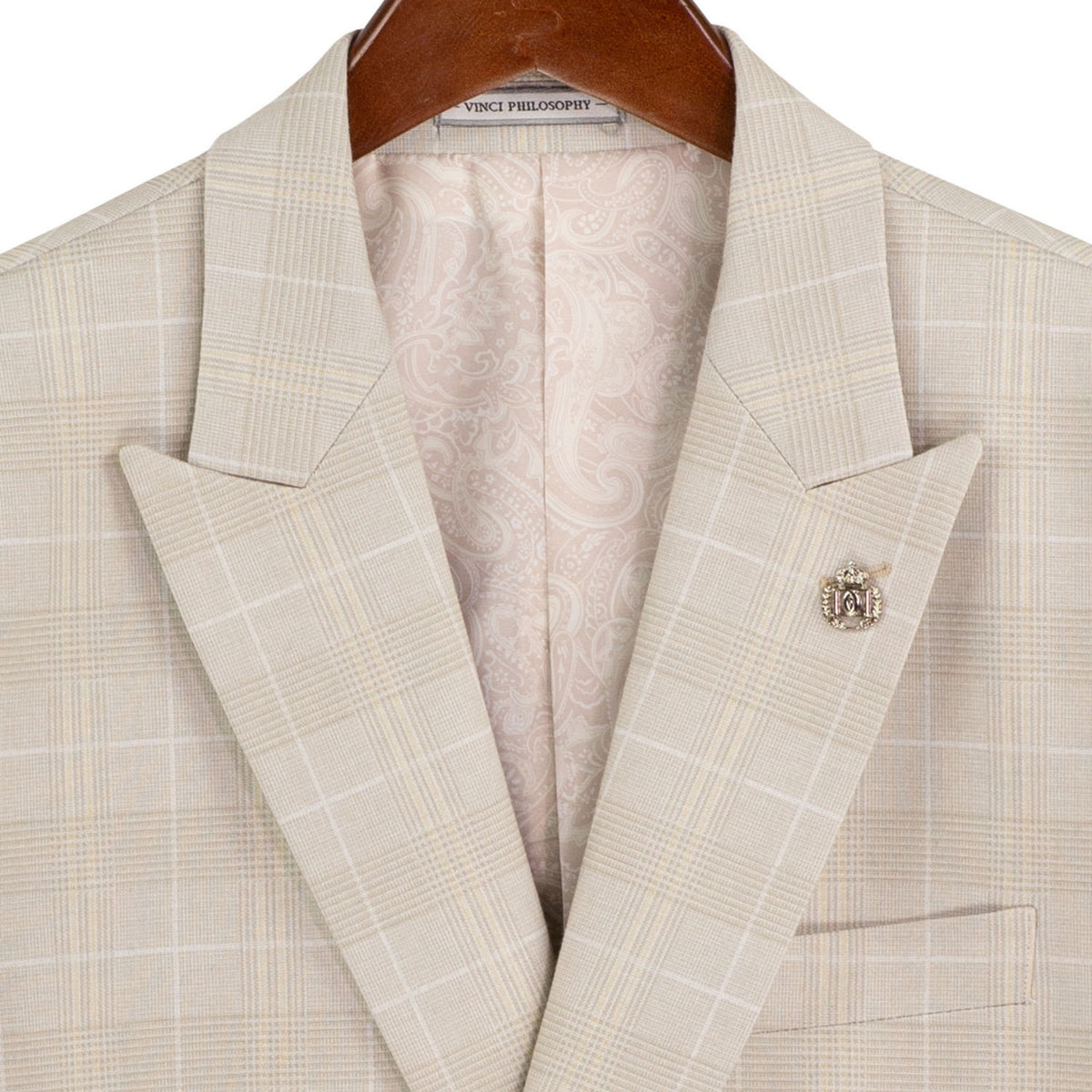 VINCI Men's Birch Plaid Stretch 3 Piece Slim Fit 1 Button Suit – NEW. Features a bold peak lapel jacket with one-button closure, low cut vest, and flat-front pants with unfinished hems for custom tailoring. A modern, stylish choice for office or evening wear. Available at Fashion House Inc. (FH Menswear, Style #SV1W-1)