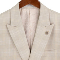 VINCI Men's Birch Plaid Stretch 3 Piece Slim Fit 1 Button Suit – NEW. Features a bold peak lapel jacket with one-button closure, low cut vest, and flat-front pants with unfinished hems for custom tailoring. A modern, stylish choice for office or evening wear. Available at Fashion House Inc. (FH Menswear, Style #SV1W-1)