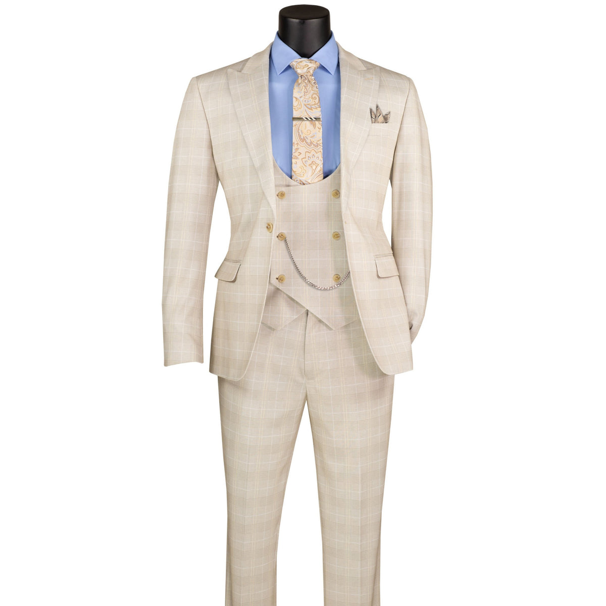 VINCI Men's Birch Plaid Stretch 3 Piece Slim Fit 1 Button Suit – NEW. Features a bold peak lapel jacket with one-button closure, low cut vest, and flat-front pants with unfinished hems for custom tailoring. A modern, stylish choice for office or evening wear. Available at Fashion House Inc. (FH Menswear, Style #SV1W-1)