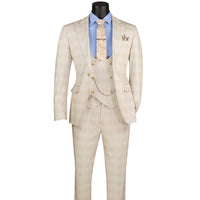 VINCI Men's Birch Plaid Stretch 3 Piece Slim Fit 1 Button Suit – NEW. Features a bold peak lapel jacket with one-button closure, low cut vest, and flat-front pants with unfinished hems for custom tailoring. A modern, stylish choice for office or evening wear. Available at Fashion House Inc. (FH Menswear, Style #SV1W-1)