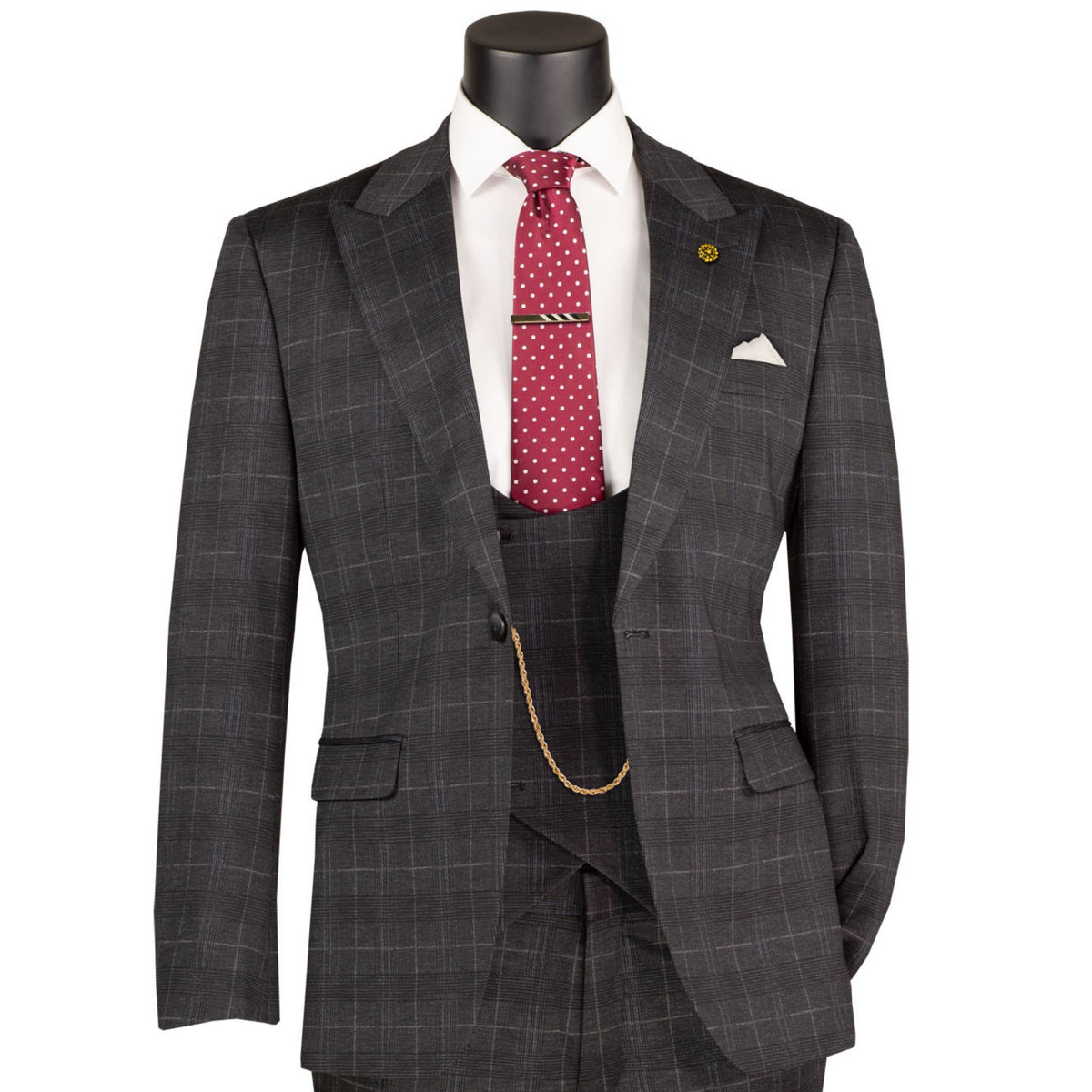 VINCI Men's Black Plaid Stretch 3 Piece Slim Fit 1 Button Suit – NEW. Features a bold peak lapel jacket with one-button closure, low cut vest, and flat-front pants with unfinished hems for custom tailoring. A modern, stylish choice for office or evening wear. Available at Fashion House Inc. (FH Menswear, Style #SV1W-1)
