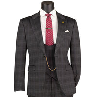 VINCI Men's Black Plaid Stretch 3 Piece Slim Fit 1 Button Suit – NEW. Features a bold peak lapel jacket with one-button closure, low cut vest, and flat-front pants with unfinished hems for custom tailoring. A modern, stylish choice for office or evening wear. Available at Fashion House Inc. (FH Menswear, Style #SV1W-1)