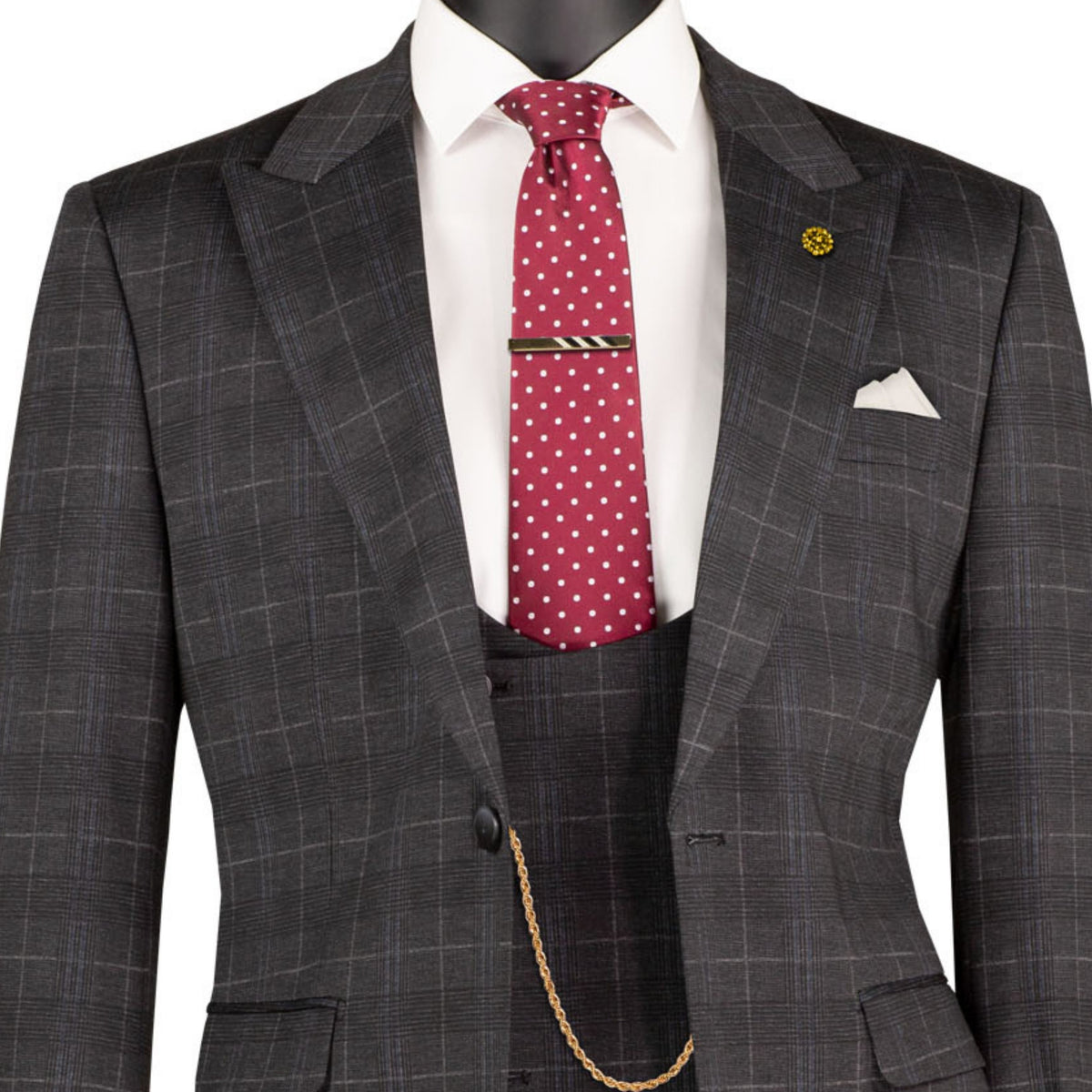 VINCI Men's Black Plaid Stretch 3 Piece Slim Fit 1 Button Suit – NEW. Features a bold peak lapel jacket with one-button closure, low cut vest, and flat-front pants with unfinished hems for custom tailoring. A modern, stylish choice for office or evening wear. Available at Fashion House Inc. (FH Menswear, Style #SV1W-1)