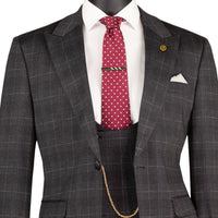 VINCI Men's Black Plaid Stretch 3 Piece Slim Fit 1 Button Suit – NEW. Features a bold peak lapel jacket with one-button closure, low cut vest, and flat-front pants with unfinished hems for custom tailoring. A modern, stylish choice for office or evening wear. Available at Fashion House Inc. (FH Menswear, Style #SV1W-1)