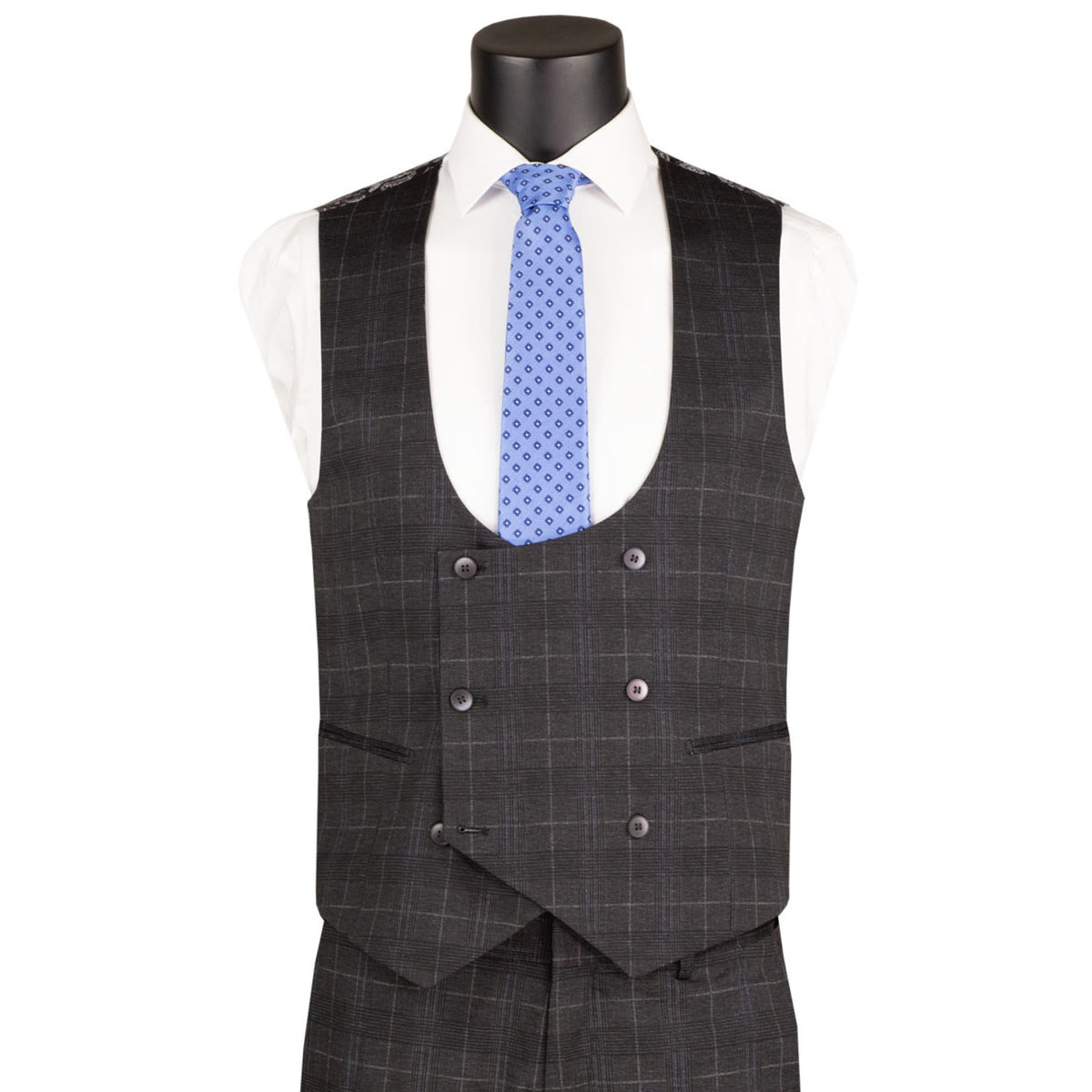 VINCI Men's Black Plaid Stretch 3 Piece Slim Fit 1 Button Suit – NEW. Features a bold peak lapel jacket with one-button closure, low cut vest, and flat-front pants with unfinished hems for custom tailoring. A modern, stylish choice for office or evening wear. Available at Fashion House Inc. (FH Menswear, Style #SV1W-1)
