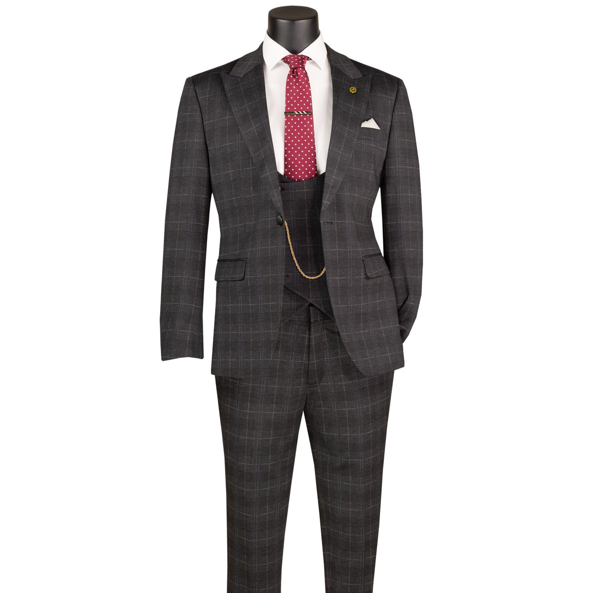 VINCI Men's Black Plaid Stretch 3 Piece Slim Fit 1 Button Suit – NEW. Features a bold peak lapel jacket with one-button closure, low cut vest, and flat-front pants with unfinished hems for custom tailoring. A modern, stylish choice for office or evening wear. Available at Fashion House Inc. (FH Menswear, Style #SV1W-1)
