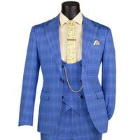 VINCI Men's Blue Plaid Stretch 3 Piece Slim Fit 1 Button Suit – NEW. Features a bold peak lapel jacket with one-button closure, low cut vest, and flat-front pants with unfinished hems for custom tailoring. A modern, stylish choice for office or evening wear. Available at Fashion House Inc. (FH Menswear, Style #SV1W-1)