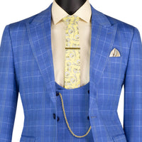 VINCI Men's Blue Plaid Stretch 3 Piece Slim Fit 1 Button Suit – NEW. Features a bold peak lapel jacket with one-button closure, low cut vest, and flat-front pants with unfinished hems for custom tailoring. A modern, stylish choice for office or evening wear. Available at Fashion House Inc. (FH Menswear, Style #SV1W-1)