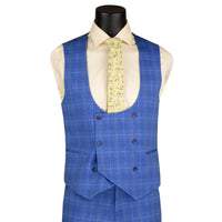 VINCI Men's Blue Plaid Stretch 3 Piece Slim Fit 1 Button Suit – NEW. Features a bold peak lapel jacket with one-button closure, low cut vest, and flat-front pants with unfinished hems for custom tailoring. A modern, stylish choice for office or evening wear. Available at Fashion House Inc. (FH Menswear, Style #SV1W-1)